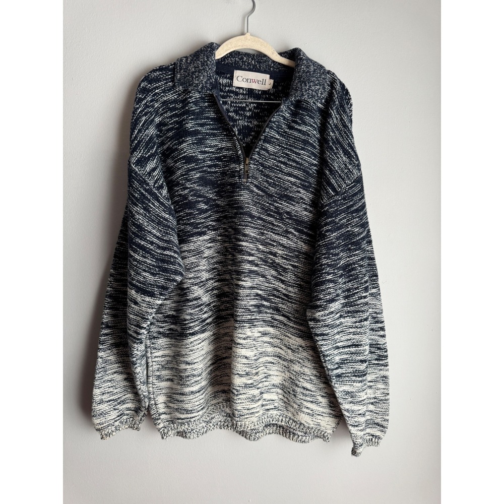 Conwell Mens Large Blue White Marled Ombre 100% Cotton Quarter Zip Sweater